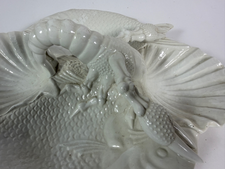 Vintage Val Del Brenta Italy White Majolica Ceramic Lobster Fish Shell Divided Serving Platter 14.5W X 12.5H [Photo 3]