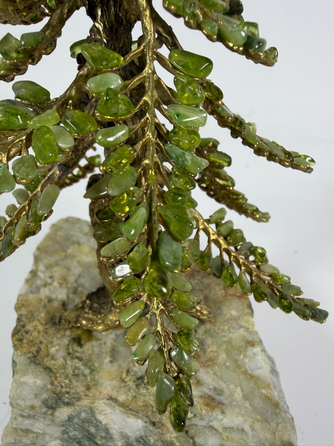 Vintage Handcrafted Peridot Gemstone Alpine Pine Tree Cast Brass Sculpture On Quartz Matrix Base 8.5H [Photo 2]