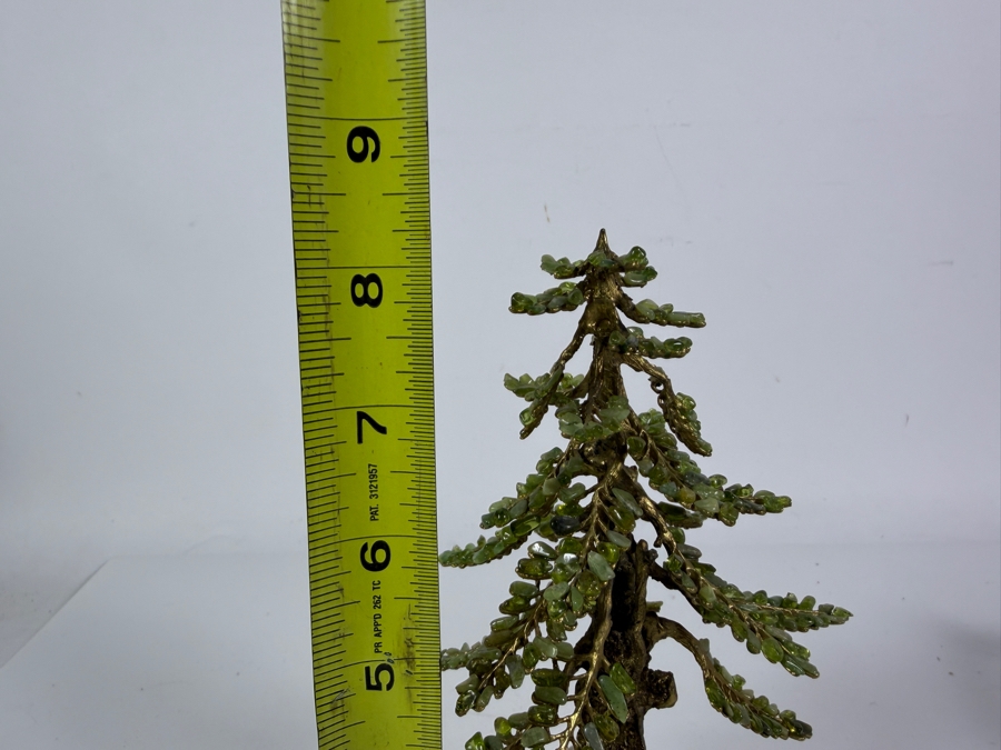 Vintage Handcrafted Peridot Gemstone Alpine Pine Tree Cast Brass Sculpture On Quartz Matrix Base 8.5H [Photo 5]