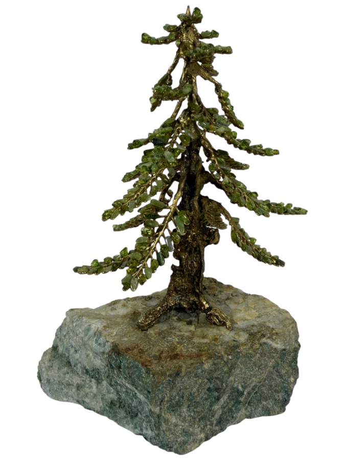Vintage Handcrafted Peridot Gemstone Alpine Pine Tree Cast Brass Sculpture On Quartz Matrix Base 8.5H