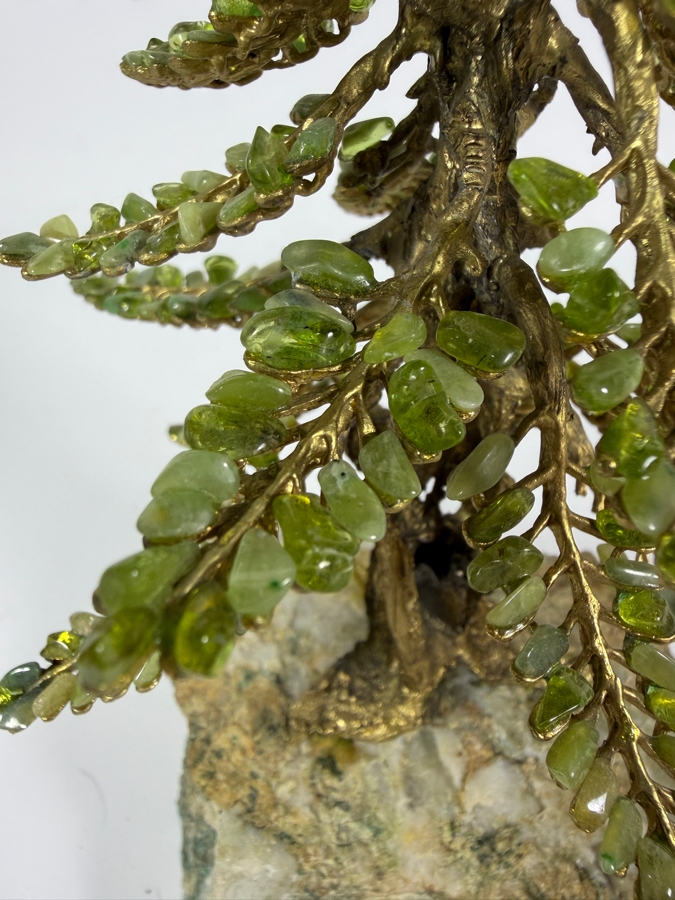 Vintage Handcrafted Peridot Gemstone Alpine Pine Tree Cast Brass Sculpture On Quartz Matrix Base 8.5H [Photo 3]