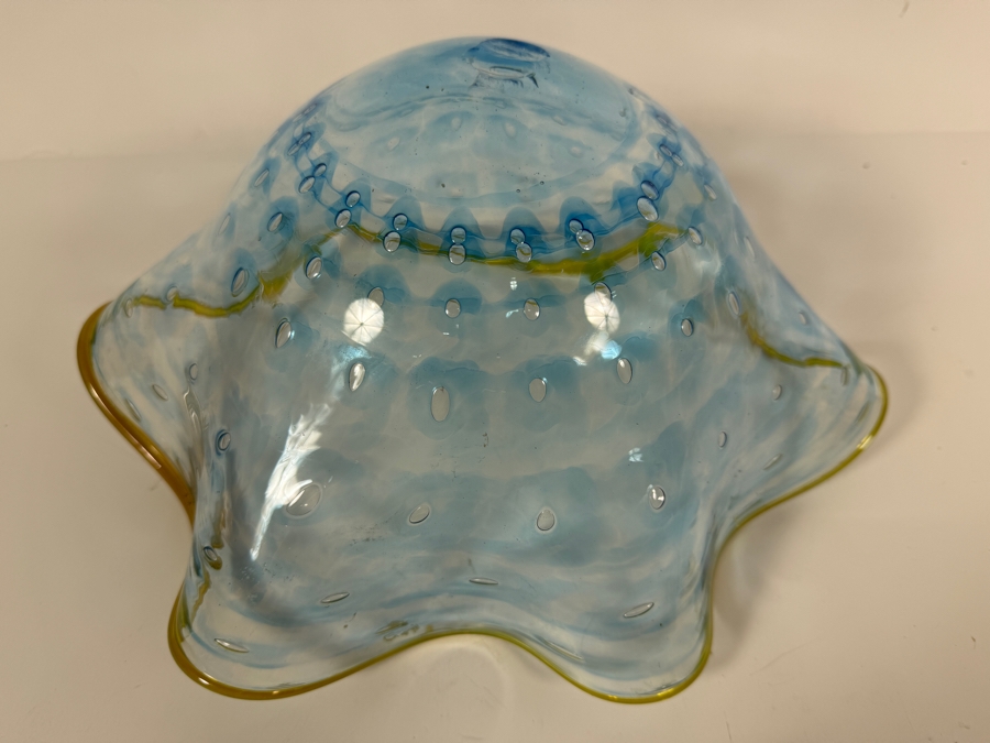 Vintage Murano Franco Signed Light Blue Bullicante Controlled Bubble Ruffle Art Glass Hand Blown Centerpiece Bowl 13W X 9.5W X 7H [Photo 8]