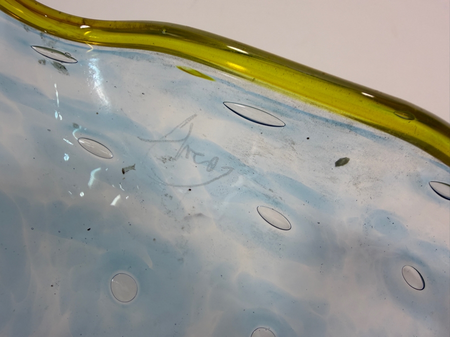 Vintage Murano Franco Signed Light Blue Bullicante Controlled Bubble Ruffle Art Glass Hand Blown Centerpiece Bowl 13W X 9.5W X 7H [Photo 5]