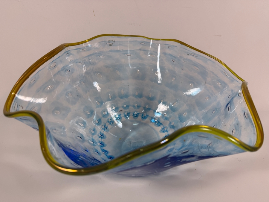 Vintage Murano Franco Signed Light Blue Bullicante Controlled Bubble Ruffle Art Glass Hand Blown Centerpiece Bowl 13W X 9.5W X 7H [Photo 3]