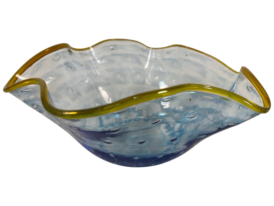 Vintage Murano Franco Signed Light Blue Bullicante Controlled Bubble Ruffle Art Glass Hand Blown Centerpiece Bowl 13W X 9.5W X 7H