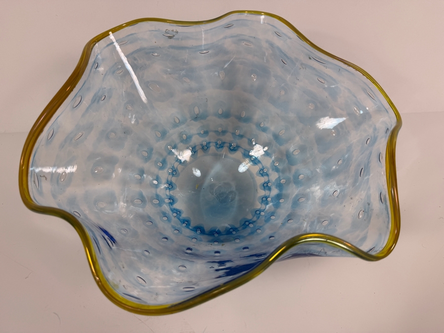 Vintage Murano Franco Signed Light Blue Bullicante Controlled Bubble Ruffle Art Glass Hand Blown Centerpiece Bowl 13W X 9.5W X 7H [Photo 2]