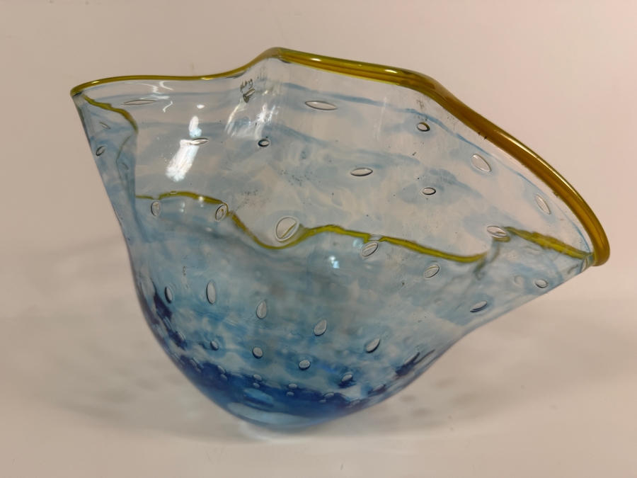 Vintage Murano Franco Signed Light Blue Bullicante Controlled Bubble Ruffle Art Glass Hand Blown Centerpiece Bowl 13W X 9.5W X 7H [Photo 4]