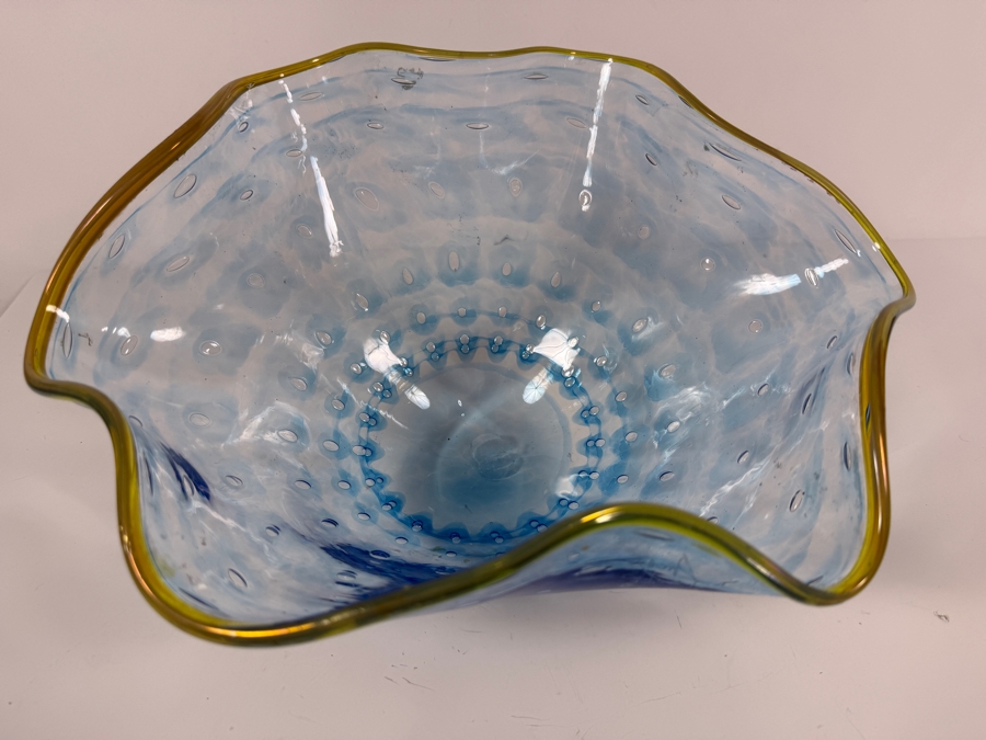 Vintage Murano Franco Signed Light Blue Bullicante Controlled Bubble Ruffle Art Glass Hand Blown Centerpiece Bowl 13W X 9.5W X 7H [Photo 9]