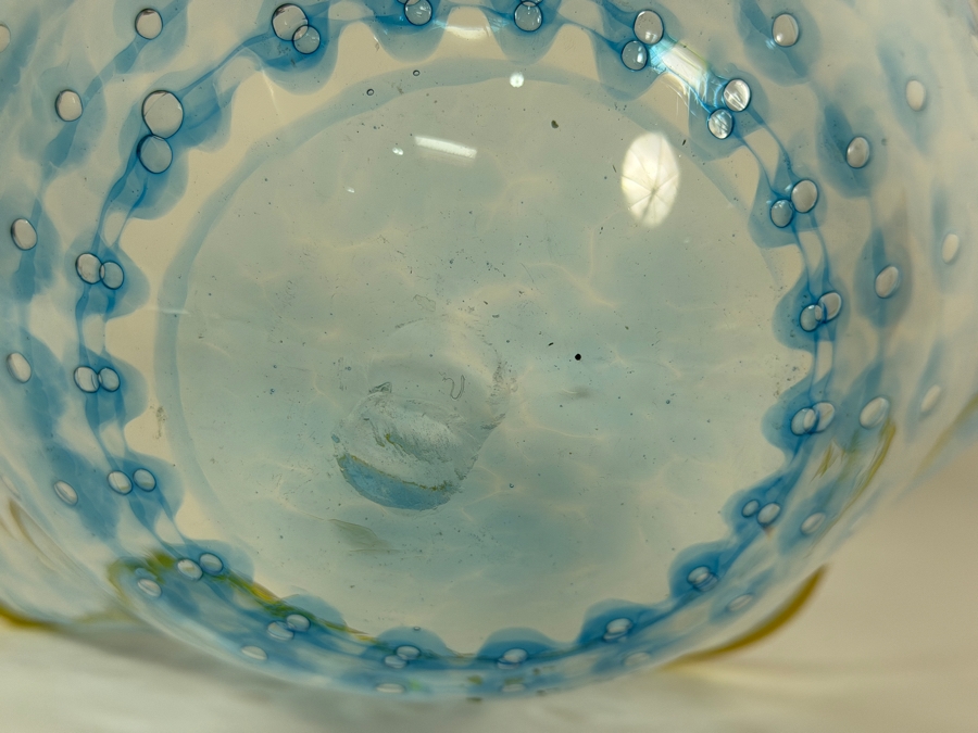 Vintage Murano Franco Signed Light Blue Bullicante Controlled Bubble Ruffle Art Glass Hand Blown Centerpiece Bowl 13W X 9.5W X 7H [Photo 7]