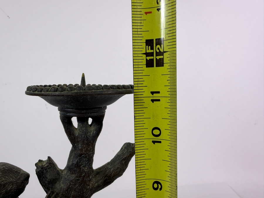 Vintage Maitland-Smith Bronze Squirrel On Tree Trunk Figural Single Candle Holder Pricket On Round Veined Marble Base 11H [Photo 7]