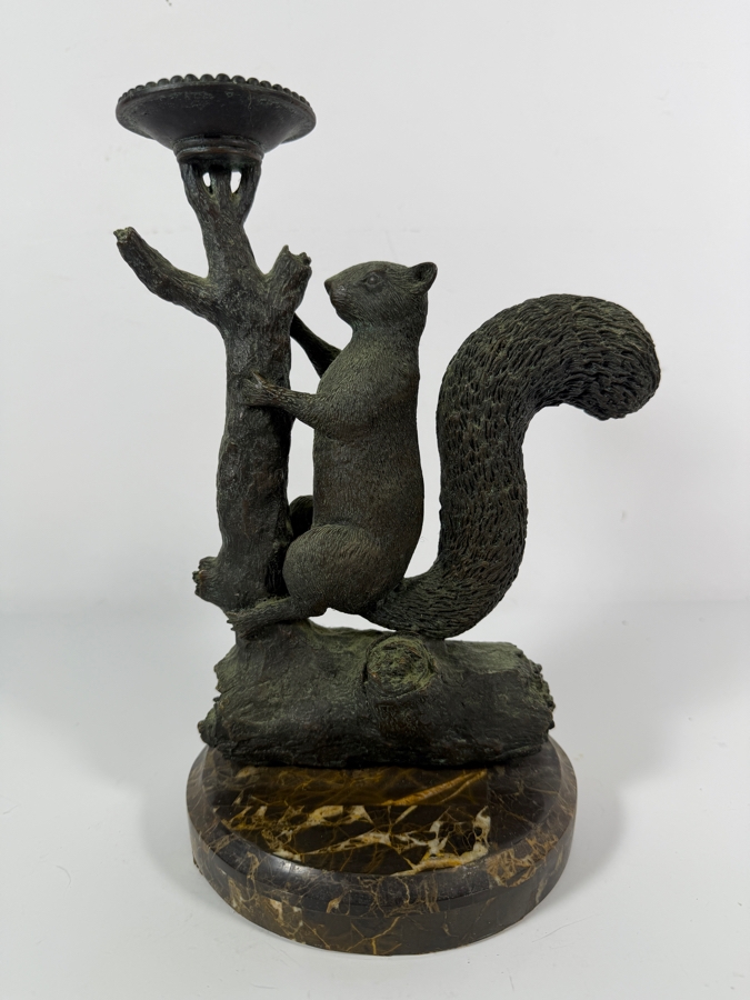 Vintage Maitland-Smith Bronze Squirrel On Tree Trunk Figural Single Candle Holder Pricket On Round Veined Marble Base 11H [Photo 4]