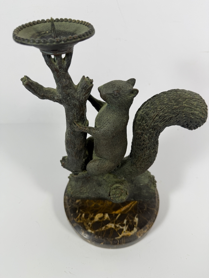 Vintage Maitland-Smith Bronze Squirrel On Tree Trunk Figural Single Candle Holder Pricket On Round Veined Marble Base 11H [Photo 5]
