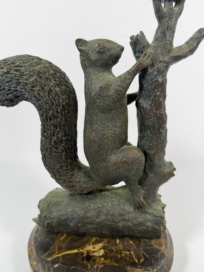 Vintage Maitland-Smith Bronze Squirrel On Tree Trunk Figural Single Candle Holder Pricket On Round Veined Marble Base 11H [Photo 3]