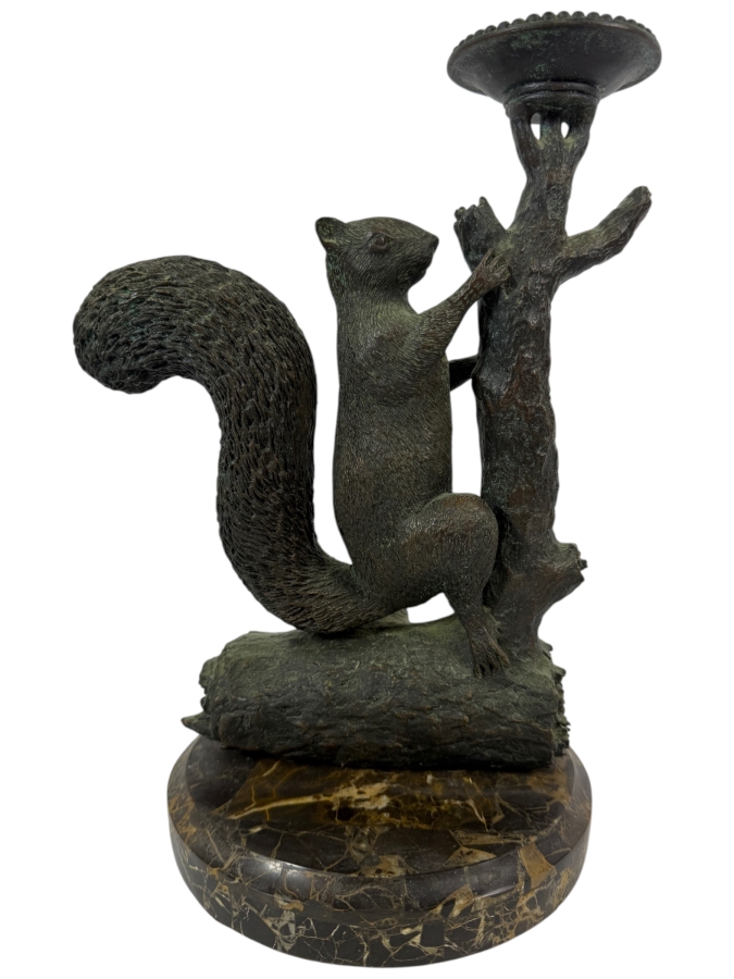 Vintage Maitland-Smith Bronze Squirrel On Tree Trunk Figural Single Candle Holder Pricket On Round Veined Marble Base 11H