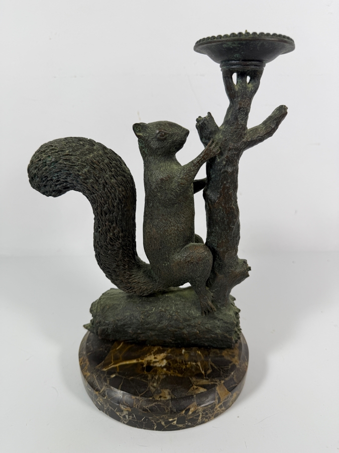 Vintage Maitland-Smith Bronze Squirrel On Tree Trunk Figural Single Candle Holder Pricket On Round Veined Marble Base 11H [Photo 2]