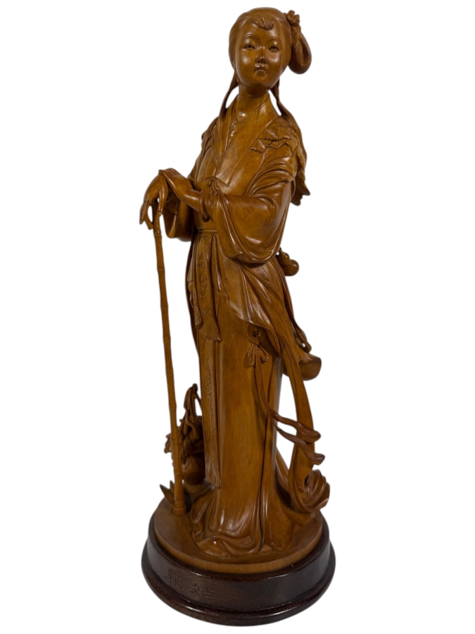 Exquisite Vintage Hand Carved Boxwood Magu Immortal Statue Figurine Incised Characters Wood Base 11.5H