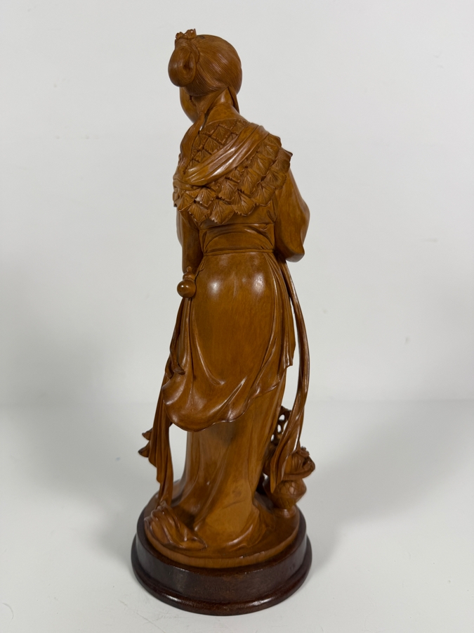 Exquisite Vintage Hand Carved Boxwood Magu Immortal Statue Figurine Incised Characters Wood Base 11.5H [Photo 8]