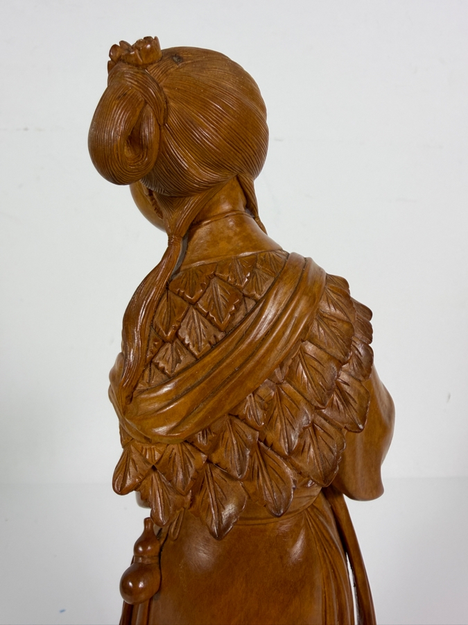 Exquisite Vintage Hand Carved Boxwood Magu Immortal Statue Figurine Incised Characters Wood Base 11.5H [Photo 9]