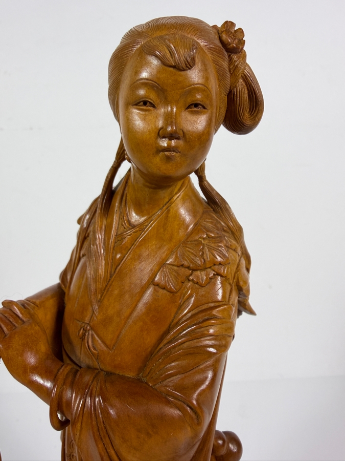 Exquisite Vintage Hand Carved Boxwood Magu Immortal Statue Figurine Incised Characters Wood Base 11.5H [Photo 2]