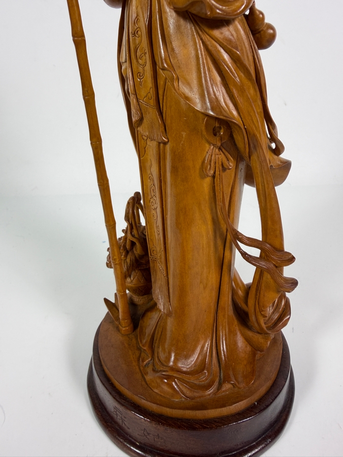 Exquisite Vintage Hand Carved Boxwood Magu Immortal Statue Figurine Incised Characters Wood Base 11.5H [Photo 4]