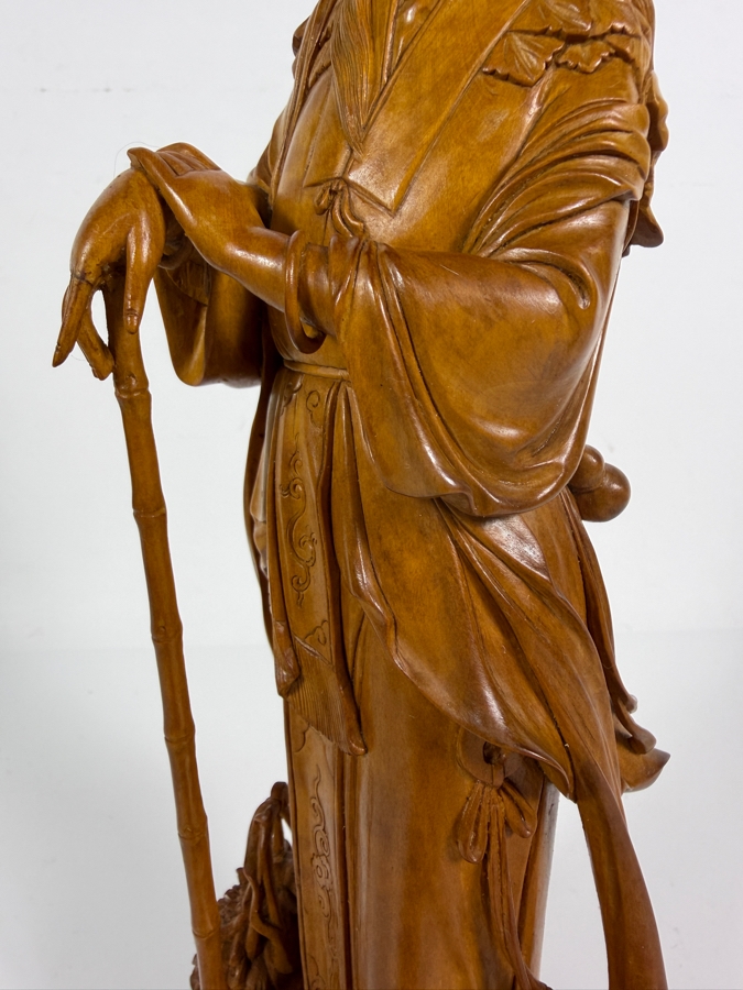 Exquisite Vintage Hand Carved Boxwood Magu Immortal Statue Figurine Incised Characters Wood Base 11.5H [Photo 3]