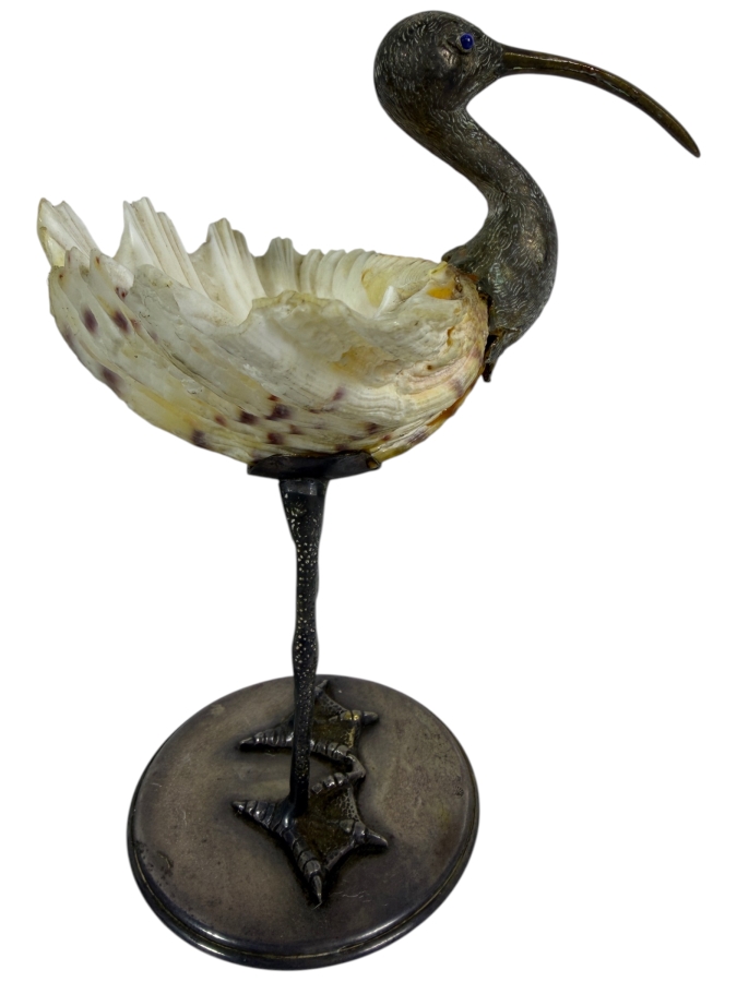 Vintage Gabriella Binazzi Italian Silver Plate And Natural Clam Shell Ibis Bird Decorative Figurine Dish 8.H
