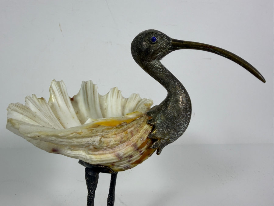 Vintage Gabriella Binazzi Italian Silver Plate And Natural Clam Shell Ibis Bird Decorative Figurine Dish 8.H [Photo 3]
