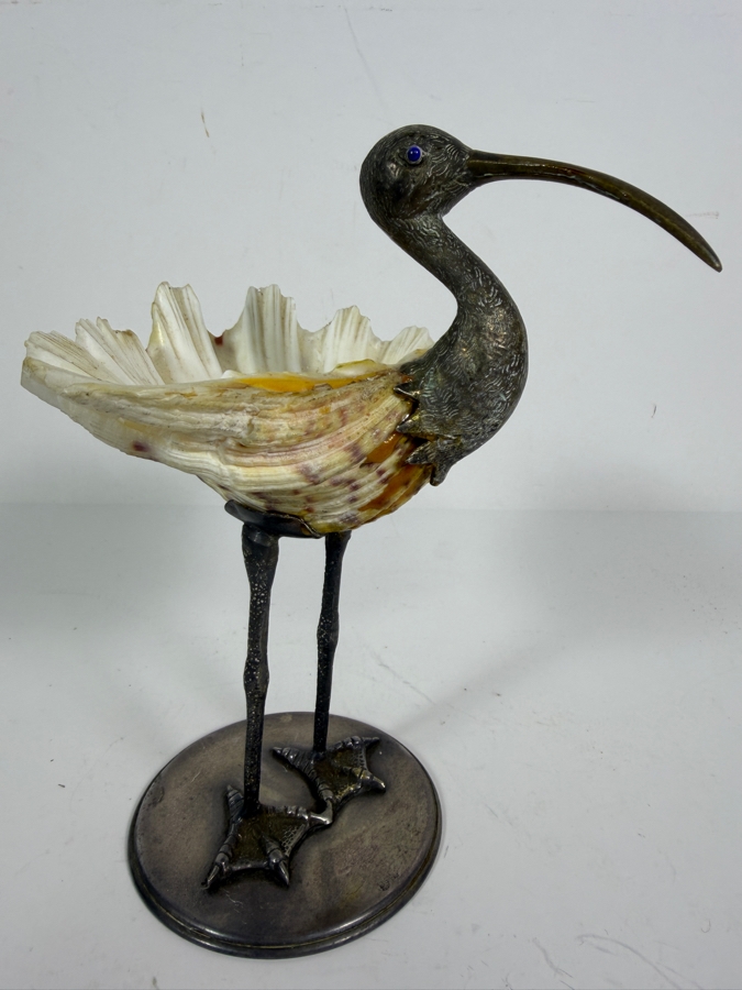 Vintage Gabriella Binazzi Italian Silver Plate And Natural Clam Shell Ibis Bird Decorative Figurine Dish 8.H [Photo 2]