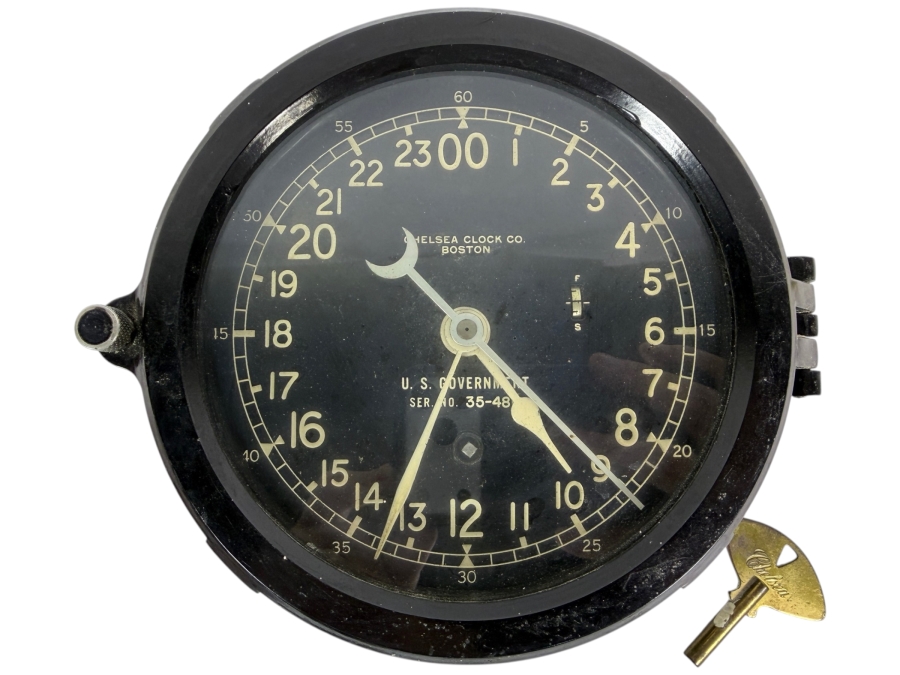 WWII Era Chelsea Clock Co Boston US Government 24 Hour Black Phenolic Deck Engine Room Clock With Key Working 7.75W