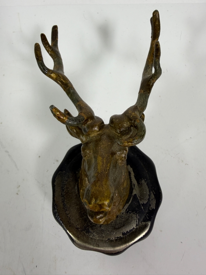 Antique Continental Patinated Cast Bronze Stag Deer Head Car Hood Ornament Mascot Mounted On Radiator Cap [Photo 3]
