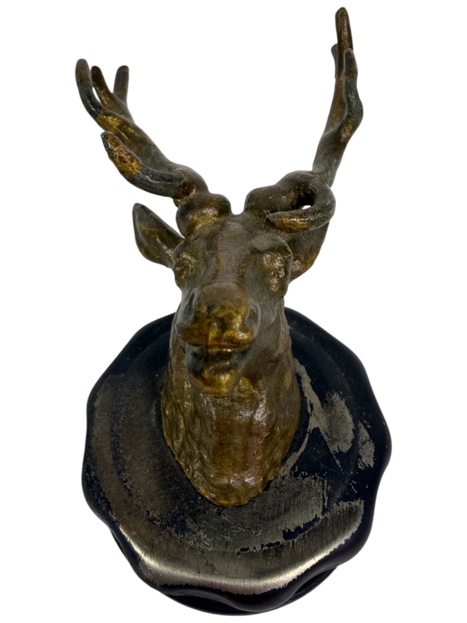 Antique Continental Patinated Cast Bronze Stag Deer Head Car Hood Ornament Mascot Mounted On Radiator Cap