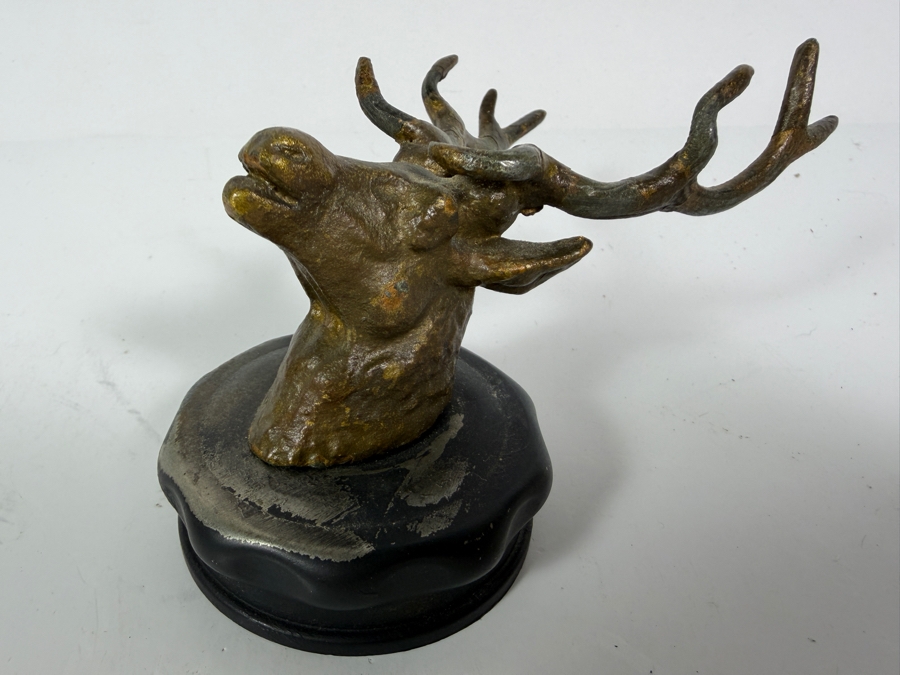 Antique Continental Patinated Cast Bronze Stag Deer Head Car Hood Ornament Mascot Mounted On Radiator Cap [Photo 2]