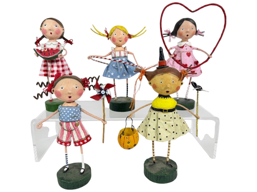 Lot Of Five ESC Trading Company Lori Mitchell Hand Painted Polyresin Whimsical Holiday Folk Art Figurines Grouping