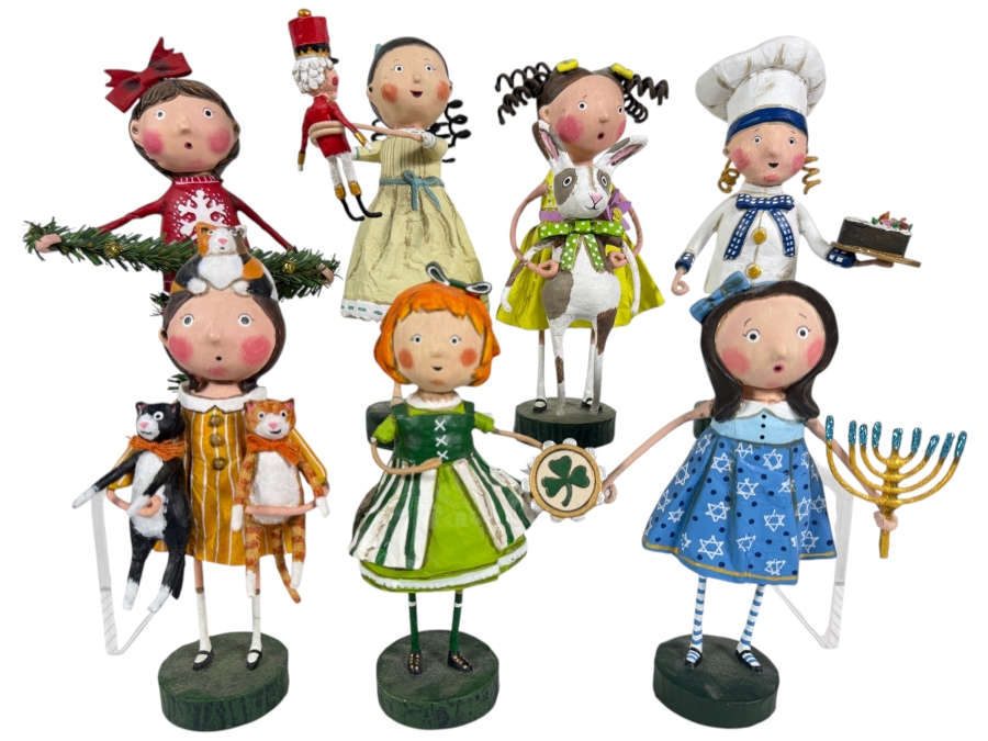 Lot Of Seven ESC Trading Company Lori Mitchell Hand Painted Polyresin Whimsical Holiday Folk Art Figurines Grouping
