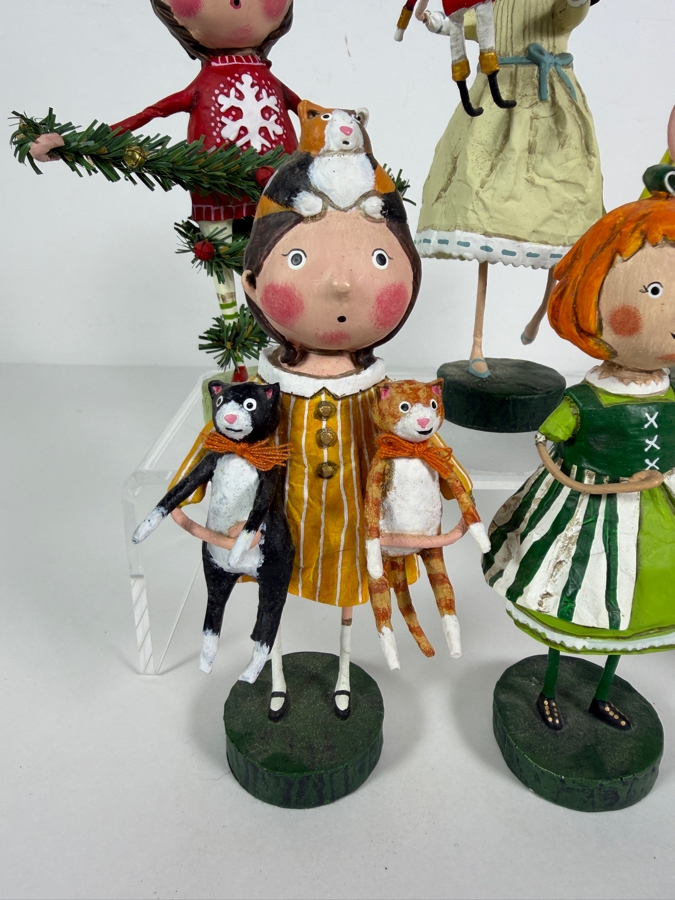 Lot Of Seven ESC Trading Company Lori Mitchell Hand Painted Polyresin Whimsical Holiday Folk Art Figurines Grouping [Photo 2]