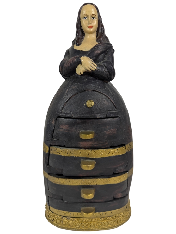 Vintage Mona Lisa Salvador Dali Anthropomorphic Homage Hand Painted Resin Figurine Jewelry Chest 14.5H
