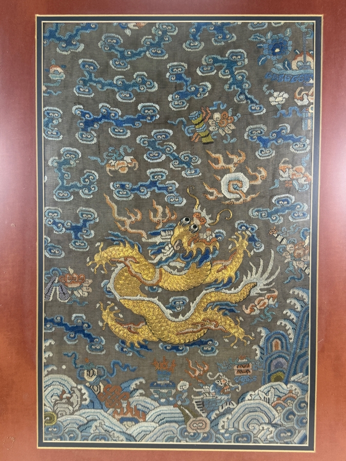 Antique Chinese Qing Dynasty Imperial Gold Thread Kouan Kesi Silk Five Clawed Dragon Robe Textile Fragment 14W X 22H Framed Panel 21.5W X 30H