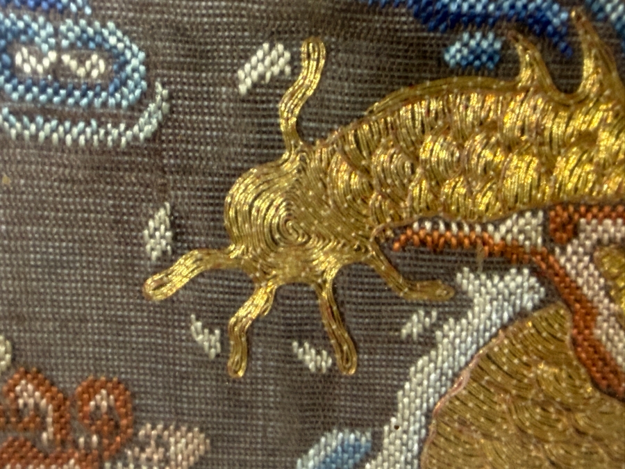 Antique Chinese Qing Dynasty Imperial Gold Thread Kouan Kesi Silk Five Clawed Dragon Robe Textile Fragment 14W X 22H Framed Panel 21.5W X 30H [Photo 4]