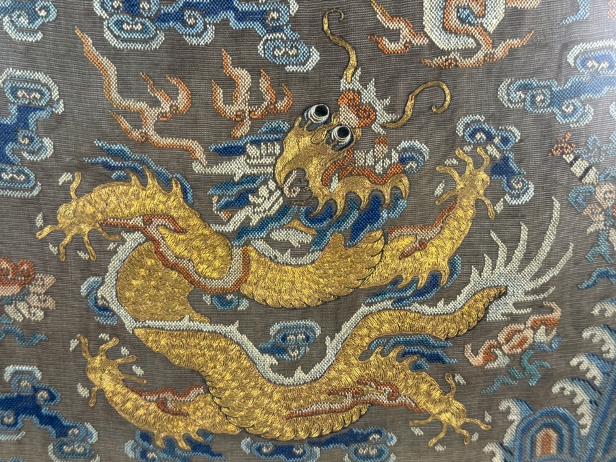 Antique Chinese Qing Dynasty Imperial Gold Thread Kouan Kesi Silk Five Clawed Dragon Robe Textile Fragment 14W X 22H Framed Panel 21.5W X 30H [Photo 3]