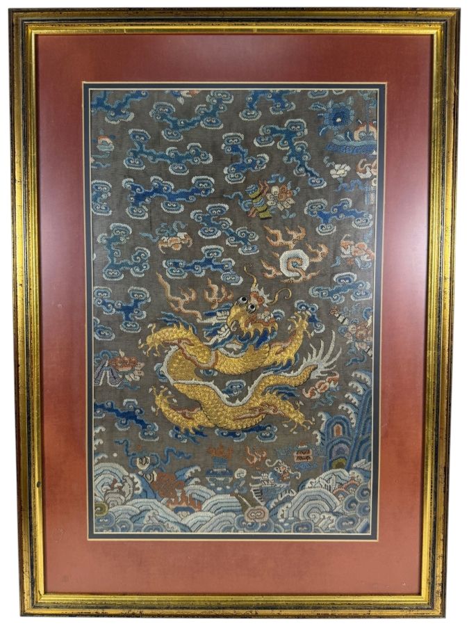 Antique Chinese Qing Dynasty Imperial Gold Thread Kouan Kesi Silk Five Clawed Dragon Robe Textile Fragment 14W X 22H Framed Panel 21.5W X 30H [Photo 2]