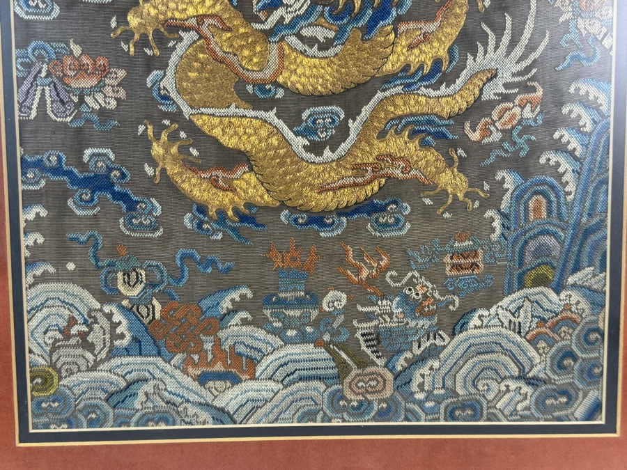Antique Chinese Qing Dynasty Imperial Gold Thread Kouan Kesi Silk Five Clawed Dragon Robe Textile Fragment 14W X 22H Framed Panel 21.5W X 30H [Photo 5]