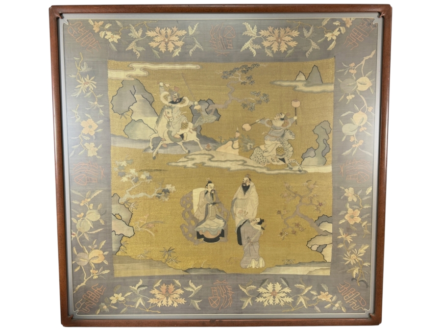 Exceptionally Fine Antique Chinese Qing Dynasty Kesi Silk Tapestry Panel Depicting Warrior Immortals And Sages Large Framed Textile 35.5W X 34.5H