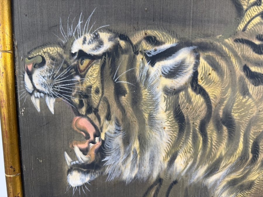 Antique Japanese Meiji To Taisho Period Roaring Tiger Silk Painting Scroll Fragment Framed In Gilt Faux Bamboo Artist Signed Lower Right 17.5W X 43H [Photo 3]