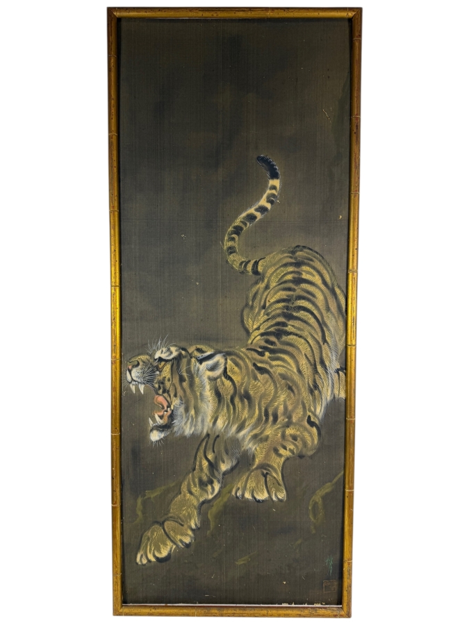 Antique Japanese Meiji To Taisho Period Roaring Tiger Silk Painting Scroll Fragment Framed In Gilt Faux Bamboo Artist Signed Lower Right 17.5W X 43H