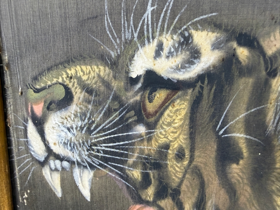 Antique Japanese Meiji To Taisho Period Roaring Tiger Silk Painting Scroll Fragment Framed In Gilt Faux Bamboo Artist Signed Lower Right 17.5W X 43H [Photo 4]