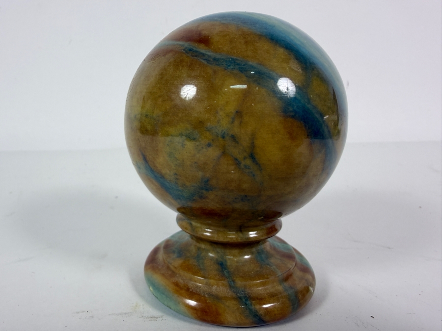 Vintage Ducceschi Genuine Alabaster Hand Carved Blue And Brown Swirl Spherical Pedestal Finial Made In Italy 3.5H [Photo 2]