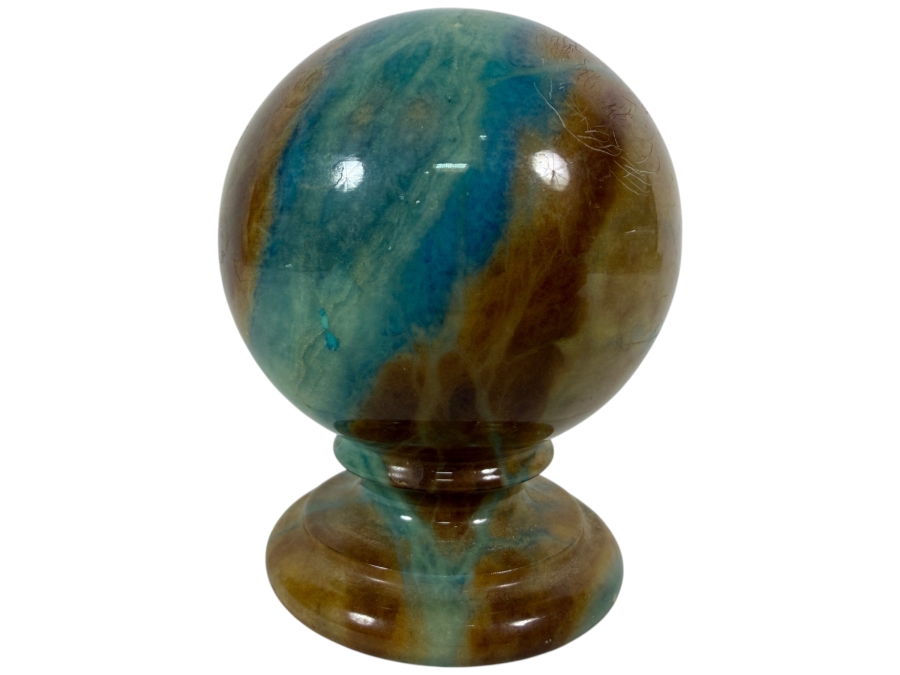Vintage Ducceschi Genuine Alabaster Hand Carved Blue And Brown Swirl Spherical Pedestal Finial Made In Italy 3.5H