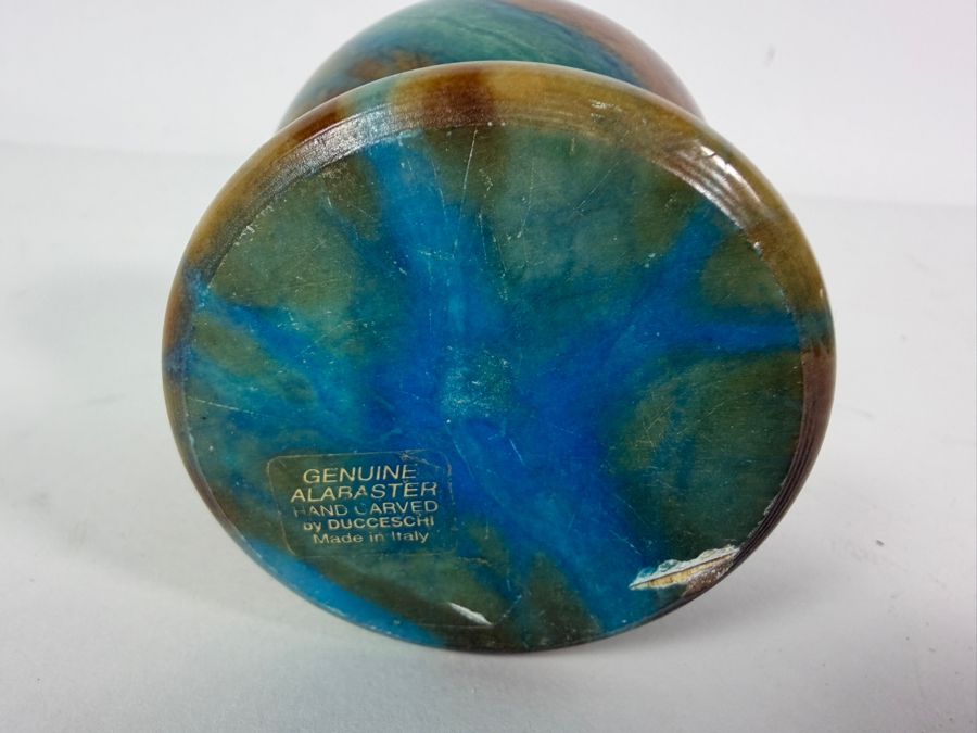 Vintage Ducceschi Genuine Alabaster Hand Carved Blue And Brown Swirl Spherical Pedestal Finial Made In Italy 3.5H [Photo 3]