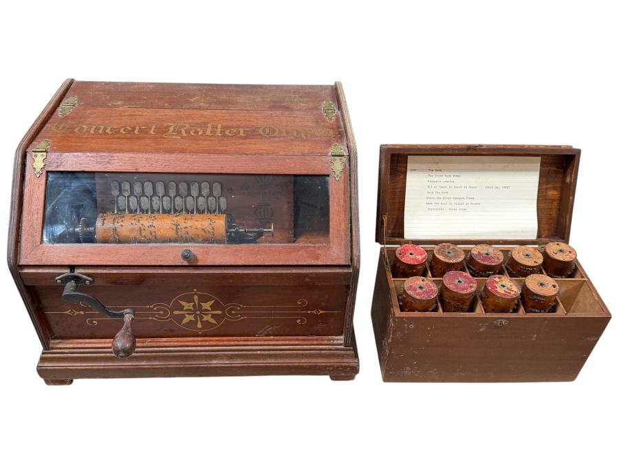 Working Antique Autophone Co Concert Roller Organ Hand Crank Cylinder Mechanical Music Box With Cased Wooden Cobs Set - Total of 10 Music Rolls 17W X 15D X 13H