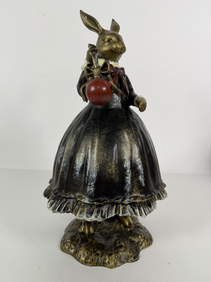 Modern Whimsical Anthropomorphic Cold Painted Cast Iron Female Rabbit Figurine Holding A Red Apple 14H [Photo 3]